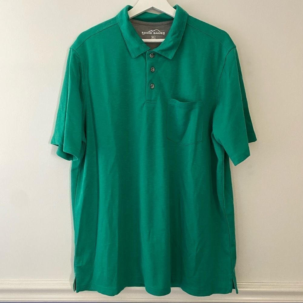 Eddie Bauer Polo Shirt Green Pocket Casual Solid Classic Soft Polyester Collar